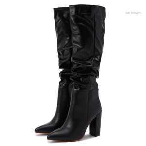 Bottes sexy en cuir noir, style élégant et tendance