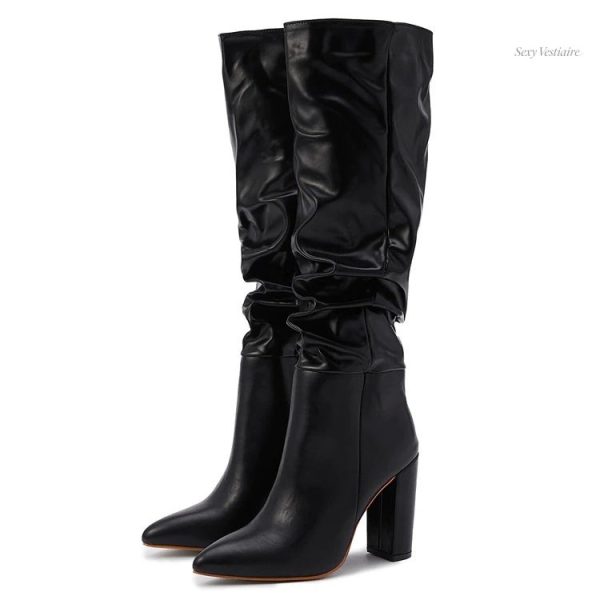 Bottes sexy en cuir noir, style élégant et tendance